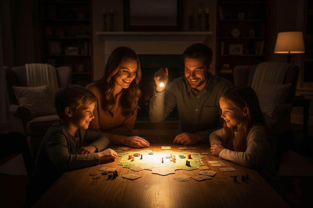une famille réunis autour d'un jeux de société éclairer par une lampe torche
