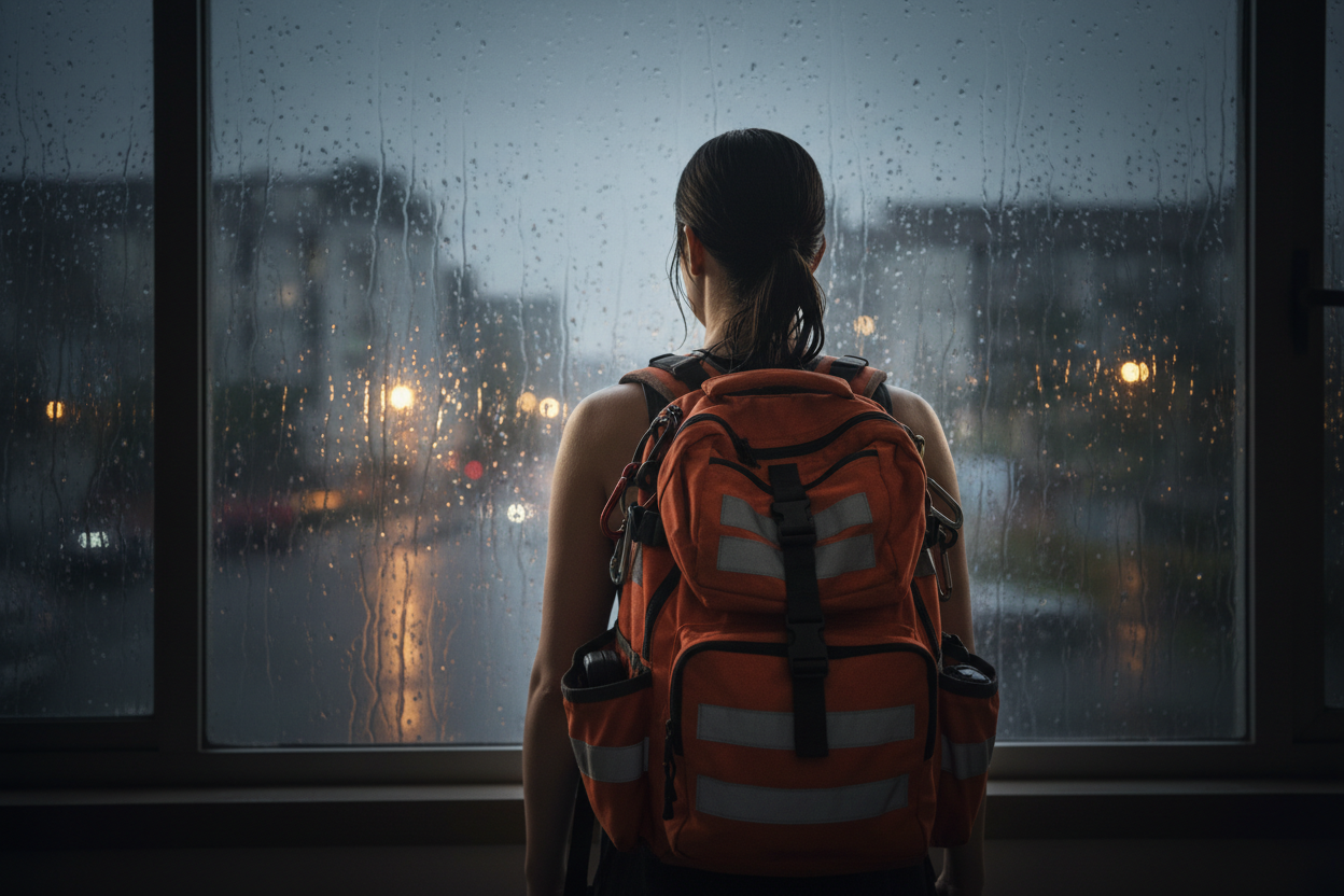 Une jeune femme de dos avec un sac de secours , en arrière plan une vitres mouillé de la pluie et de nuit
