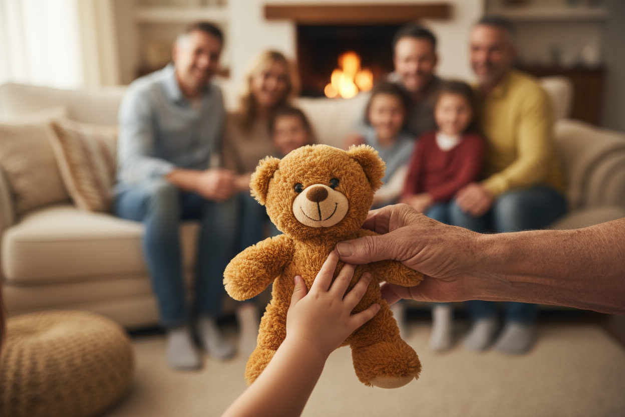 une main agée qui donne une main d'enfant qui recois un jouet d'enfant, décors de maison chaleureuse derrière des gens sur canapé qui sourit en flouté